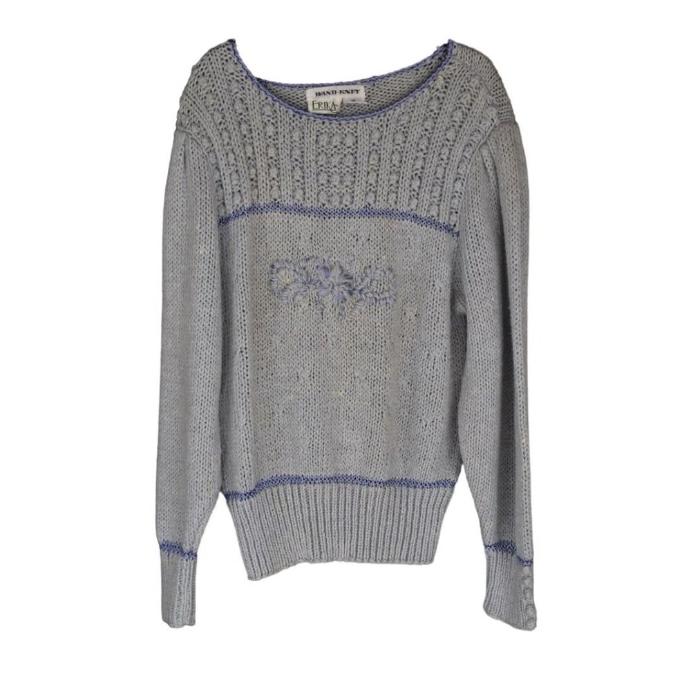 Vintage Women's Erika Light Blue Gray Hand Knit Popcorn Sweater M